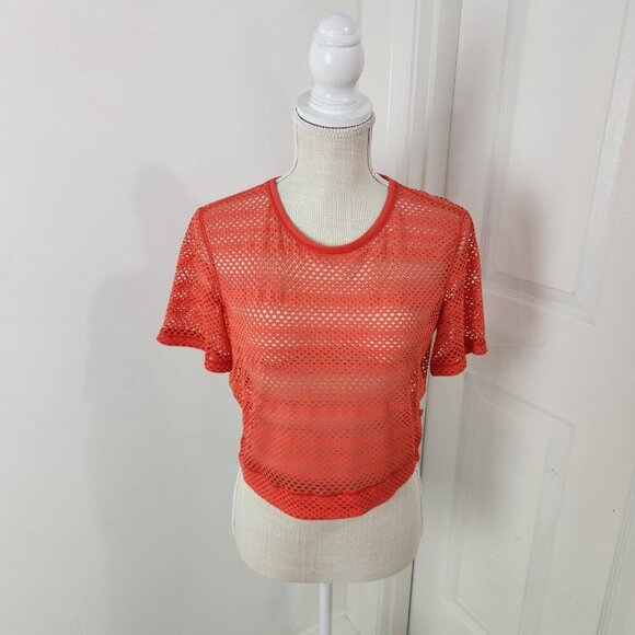 Lululemon Top Womens 8 Sunset Orange Sweat Your Heart Out Crop Mesh Netted - Picture 1 of 14
